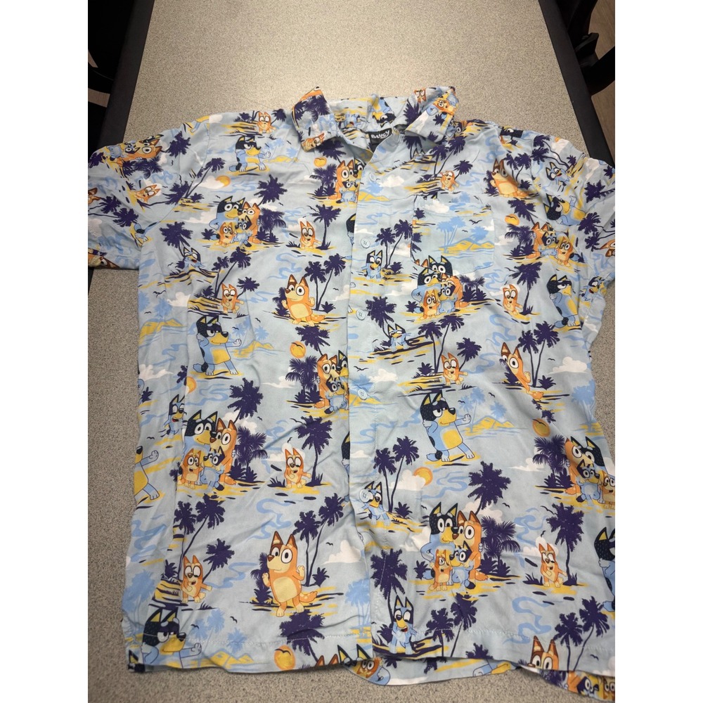 Bluey Mens XXL Short Sleeve Button Down Shirt Tropical Palm Tree Family Print